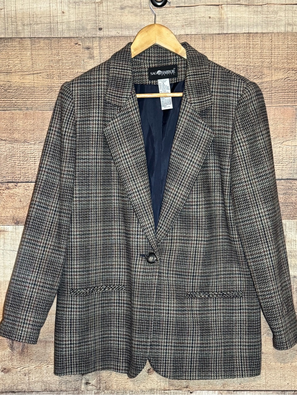 Vintage Houndstooth Wool Blend Blazer Classic Preppy Women’s 8 Sag Harbor Petite